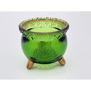 EAPG Gypsy Pot Toothpick Holder Emerald Green W/Gold Gilt 3 Footed Cauldron 1898